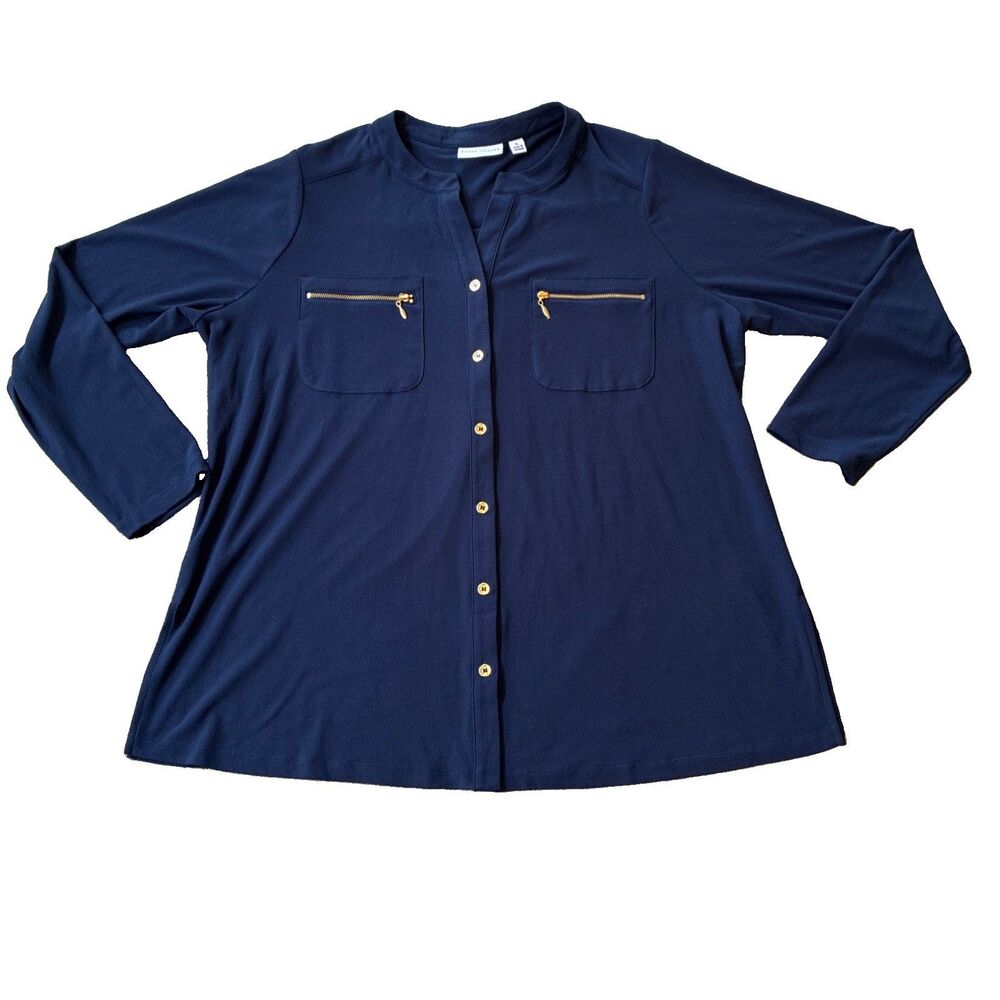 Susan Graver Liquid Knit Long Sleeve Button Blouse Sz XL Blue Gold Zip Pockets